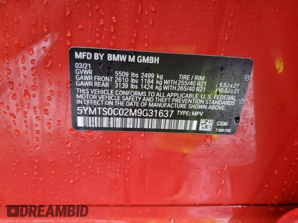 2021 BMW X3 M z VIN 5YMTS0C02M9G31637, wystawiony jako Copart lot #44568295 z przebiegiem Nie podano mil oraz Szkoda całkowita • Salvage title. Historia ofert i sprzedaży dostępna na DreamBid. Obrazek 13.