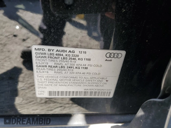 2016 Audi Q3 Premium Plus with VIN WA1EFCFS6GR013351, listed as a Copart auction lot 56727035 with 83,583 mi miles and Salvage title. Bid and sale history available at DreamBid. Image 13.