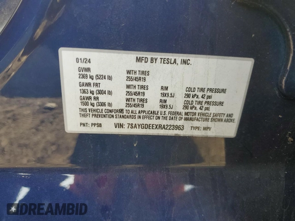 2024 Tesla Model Y Long Range с VIN 7SAYGDEEXRA223963, выставлен на аукционе Copart как лот 58442255 с пробегом 36 731 миль миль и Списание • Salvage title. История ставок и продаж доступна на DreamBid. Изображение 14.