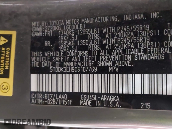 2012 Toyota Highlander Limited with VIN 5TDDK3EH9CS107769, listed as a IAAI auction lot 41378806 with 195,643 mi miles. Bid and sale history available at carsss.com. Image 9.