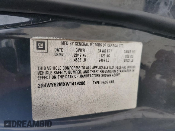 1998 Buick Century Limited with VIN 2G4WY52MXW1419286, listed as a Copart auction lot 86362604 with 141,771 mi miles and Salvage Title. Bid and sale history available at carsss.com. Image 12.