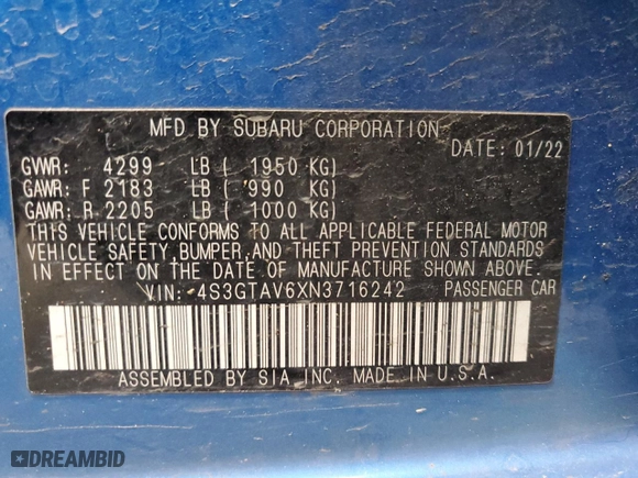 2022 Subaru Impreza Premium with VIN 4S3GTAV6XN3716242, listed as a Copart auction lot 42440035 with 0 mi miles and Salvage Title. Bid and sale history available at carsss.com. Image 13.