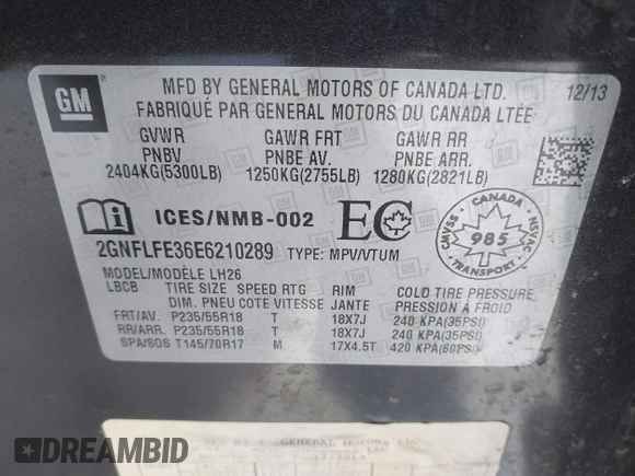2014 Chevrolet Equinox LT with VIN 2GNFLFE36E6210289, listed as a IAAI auction lot 41547642 with 98,409 mi miles. Bid and sale history available at carsss.com. Image 9.