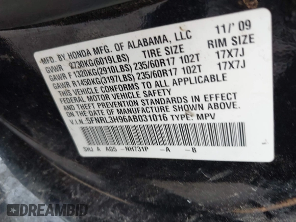 2010 Honda Odyssey Touring with VIN 5FNRL3H96AB031016, listed as a IAAI auction lot 42828397 with 261,881 mi miles and . Bid and sale history available at DreamBid. Image 9.