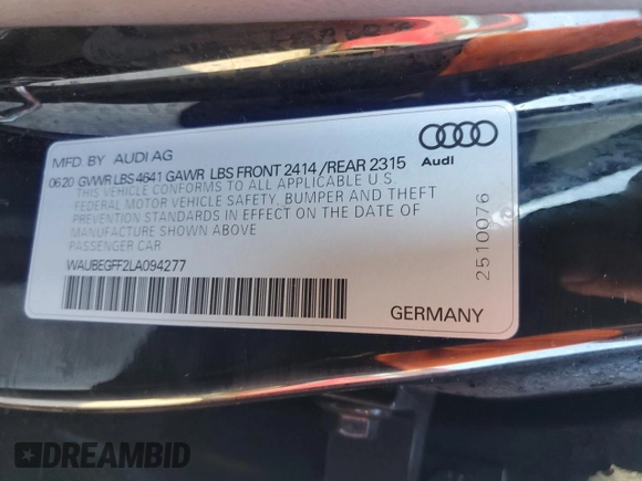 2020 Audi A3 Sedan S line Premium with VIN WAUBEGFF2LA094277, listed as a Copart auction lot 82119383 with 22,548 mi miles. Bid and sale history available at carsss.com. Image 12.