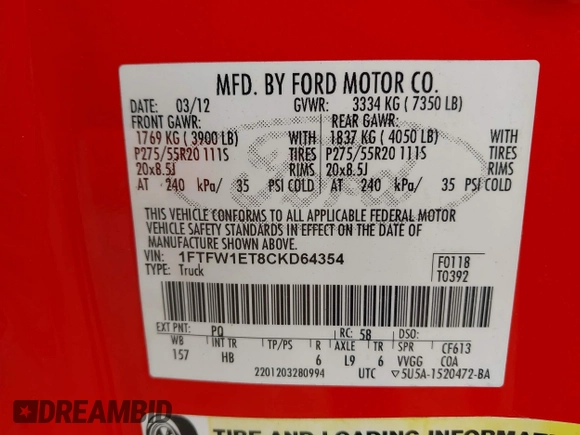 2012 Ford F-150 XL with VIN 1FTFW1ET8CKD64354, listed as a IAAI auction lot 42308178 with 102,277 mi miles and . Bid and sale history available at DreamBid. Image 9.