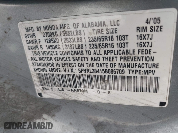 2005 Honda Odyssey EX with VIN 5FNRL38415B086709, listed as a IAAI auction lot 42308829 with 187,351 mi miles and . Bid and sale history available at DreamBid. Image 9.