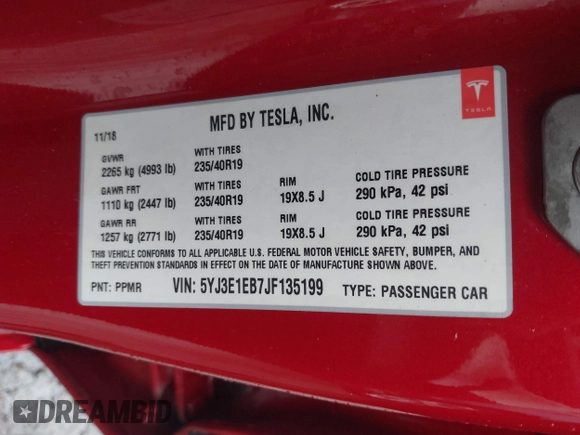 2018 Tesla Model 3 Long Range Battery z VIN 5YJ3E1EB7JF135199, wystawiony jako IAAI lot #41580853 z przebiegiem 131 774 mil mil oraz . Historia ofert i sprzedaży dostępna na DreamBid. Obrazek 9.