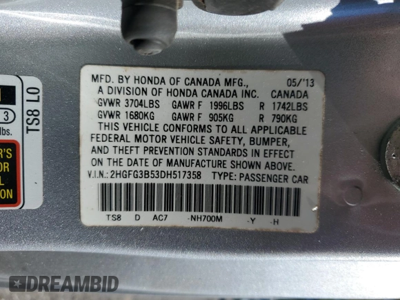 2013 Honda Civic Cpe LX with VIN 2HGFG3B53DH517358, listed as a Copart auction lot 84302714 with 153,845 mi miles and Salvage Title. Bid and sale history available at carsss.com. Image 15.