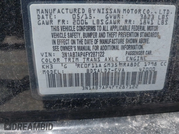 2015 Nissan Sentra SR with VIN 3N1AB7AP4FY287122, listed as a IAAI auction lot 42167418 with 60,418 mi miles and . Bid and sale history available at DreamBid. Image 9.