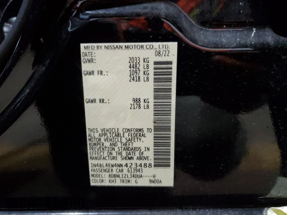 2022 Nissan Altima 2.5 SL with VIN 1N4BL4EW4NN423488, listed as a Copart auction lot 86911764 with 35,815 mi miles and Salvage Title. Bid and sale history available at carsss.com. Image 12.