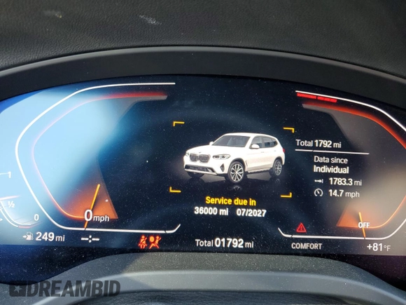 2024 BMW X3 sDrive30i with VIN WBX47DP00RN315605, listed as a Copart auction lot 42827025 with 1,792 mi miles and Salvage Title. Bid and sale history available at DreamBid. Image 9.