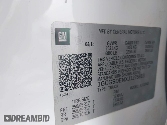 2018 Chevrolet Colorado 2WD Z71 with VIN 1GCGSDENXJ1275813, listed as a IAAI auction lot 41773753 with 38,148 mi miles and . Bid and sale history available at DreamBid. Image 9.