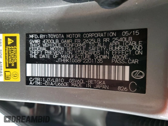 2015 Lexus ES 330 with VIN JTHBK1GG8F2201135, listed as a Copart auction lot 52080285 with 95,544 mi miles and Salvage Title. Bid and sale history available at DreamBid. Image 13.