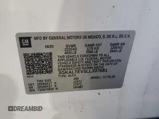 2020 GMC Terrain SLE with VIN 3GKALTEV5LL337681, listed as a Copart auction lot 59696575 with 57,815 mi miles and Salvage title. Bid and sale history available at DreamBid. Image 13.