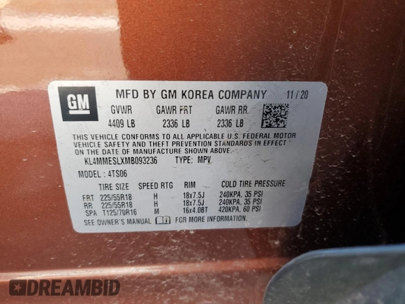 2021 Buick Encore GX Select with VIN KL4MMESLXMB093236, listed as a Copart auction lot 86498674 with 61,418 mi miles and Salvage title. Bid and sale history available at DreamBid. Image 13.