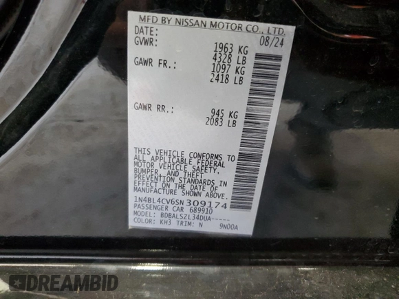 2025 Nissan Altima SR with VIN 1N4BL4CV6SN309174, listed as a Copart auction lot 52805085 with 7,622 mi miles and Clean Title. Bid and sale history available at DreamBid. Image 12.