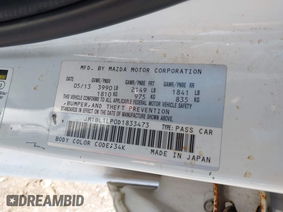 2013 Mazda 3 i Touring with VIN JM1BL1LP0D1833473, listed as a IAAI auction lot 42152978 with 127,789 mi miles and . Bid and sale history available at DreamBid. Image 9.