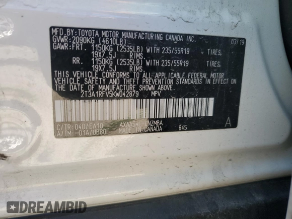 2019 Toyota RAV4 XLE Premium with VIN 2T3A1RFV5KW042879, listed as a Copart auction lot 46245415 with 92,238 mi miles and Salvage Title. Bid and sale history available at carsss.com. Image 13.