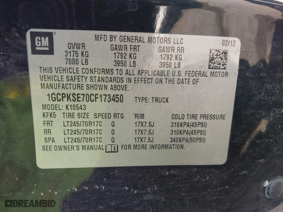 2012 Chevrolet Silverado 1500 LT with VIN 1GCPKSE70CF173450, listed as a IAAI auction lot 41588645 with 172,995 mi miles. Bid and sale history available at carsss.com. Image 9.