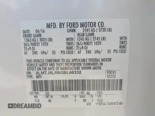 2016 Lincoln MKX Reserve with VIN 2LMTJ8LR6GBL66332, listed as a IAAI auction lot 41932408 with 75,306 mi miles and . Bid and sale history available at DreamBid. Image 9.