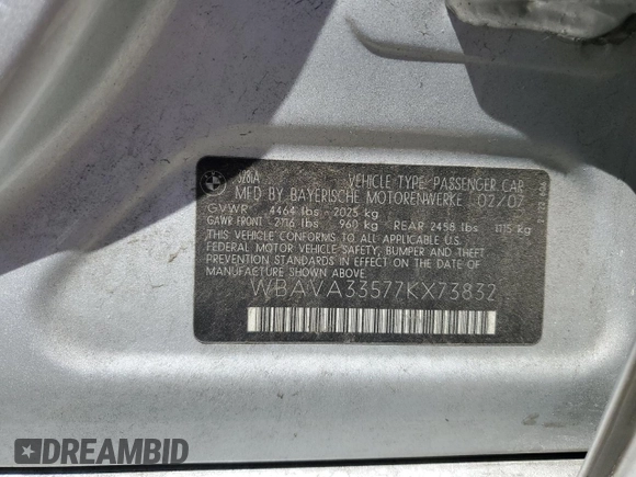 2007 BMW 3 Series 328i с VIN WBAVA33577KX73832, выставлен на аукционе Copart как лот 57435645 с пробегом 100 990 миль миль и Списание • Salvage title. История ставок и продаж доступна на DreamBid. Изображение 12.