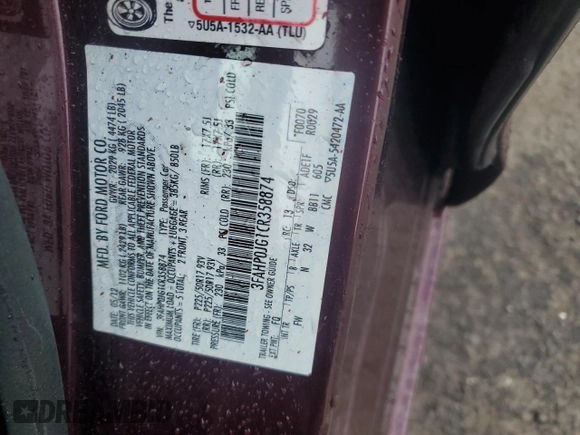 2012 Ford Fusion SEL with VIN 3FAHP0JG1CR358874, listed as a Copart auction lot 86041954 with 59,964 mi miles and Salvage Title. Bid and sale history available at DreamBid. Image 12.