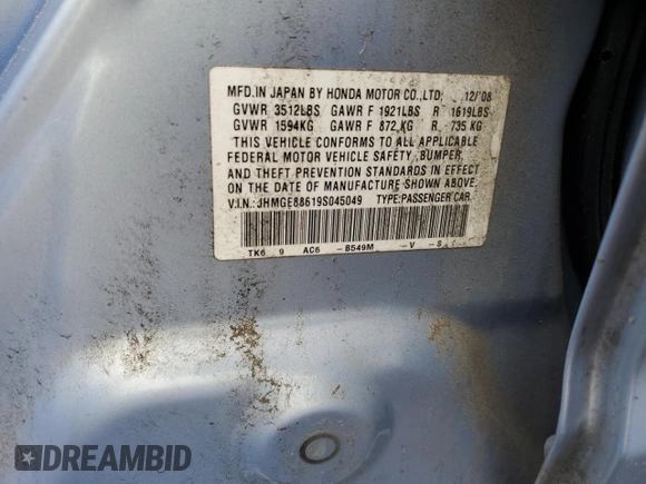 2009 Honda Fit Sport z VIN JHMGE88619S045049, wystawiony jako Copart lot #54223135 z przebiegiem 107 601 mil mil oraz Szkoda całkowita • Salvage title. Historia ofert i sprzedaży dostępna na DreamBid. Obrazek 12.