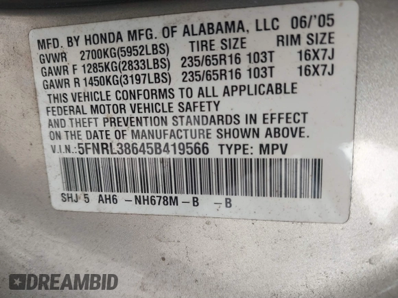 2005 Honda Odyssey EX-L with VIN 5FNRL38645B419566, listed as a IAAI auction lot 42104083 with 255,274 mi miles and . Bid and sale history available at carsss.com. Image 9.