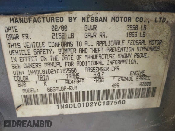 2000 Nissan Altima XE with VIN 1N4DL01D2YC187560, listed as a IAAI auction lot 41209630 with 231,442 mi miles and . Bid and sale history available at carsss.com. Image 9.