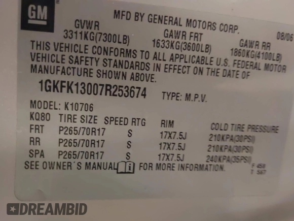 2007 GMC Yukon SLT with VIN 1GKFK13007R253674, listed as a IAAI auction lot 41683159 with 207,778 mi miles. Bid and sale history available at carsss.com. Image 9.