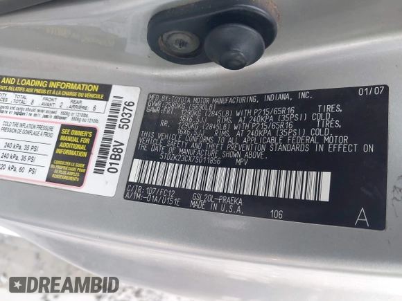2007 Toyota Sienna CE with VIN 5TDZK23CX7S011856, listed as a IAAI auction lot 41825357 with 277,090 mi miles and . Bid and sale history available at DreamBid. Image 9.