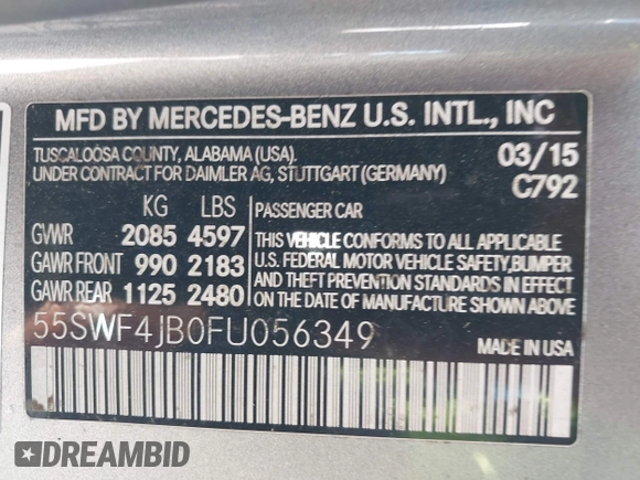 2015 Mercedes-Benz C 300 with VIN 55SWF4JB0FU056349, listed as a IAAI auction lot 41957561 with 74,764 mi miles and . Bid and sale history available at carsss.com. Image 9.