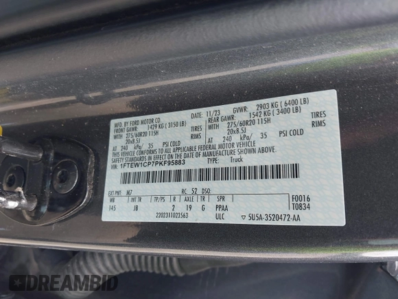 2023 Ford F-150 XL z VIN 1FTEW1CP7PKF95883, wystawiony jako IAAI lot #42356708 z przebiegiem Nie podano mil oraz . Historia ofert i sprzedaży dostępna na DreamBid. Obrazek 9.