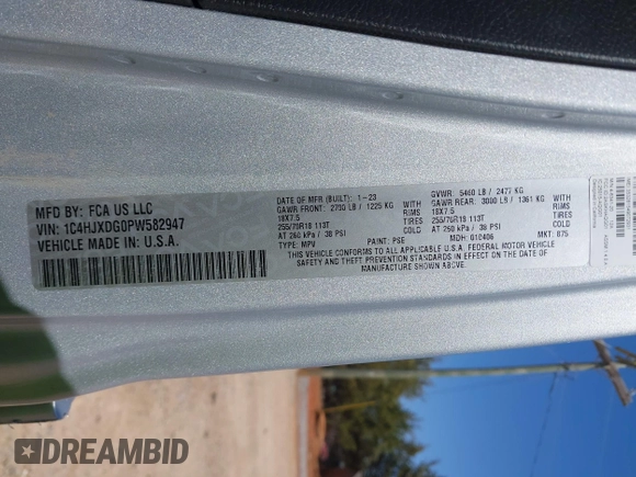2023 Jeep Wrangler Sport with VIN 1C4HJXDG0PW582947, listed as a IAAI auction lot 41932930 with 19,670 mi miles and . Bid and sale history available at DreamBid. Image 9.