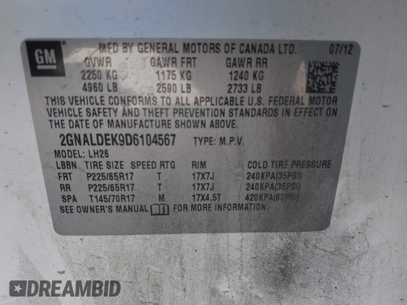 2013 Chevrolet Equinox LT with VIN 2GNALDEK9D6104567, listed as a IAAI auction lot 41683199 with 261,775 mi miles and . Bid and sale history available at carsss.com. Image 9.