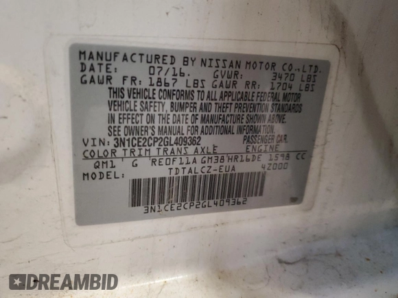 2016 Nissan Note S with VIN 3N1CE2CP2GL409362, listed as a Copart auction lot 54691095 with 105,515 mi miles and Clean Title. Bid and sale history available at DreamBid. Image 12.