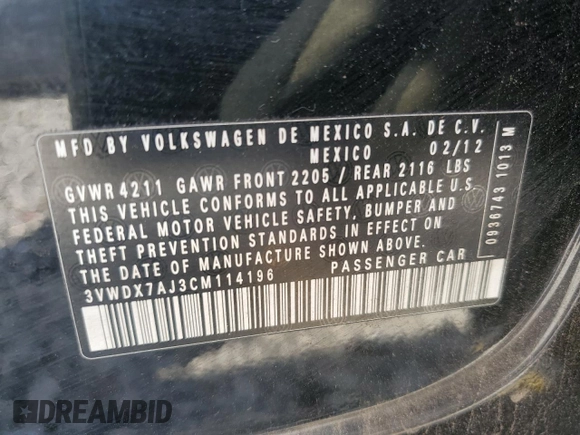2012 Volkswagen Jetta SE with VIN 3VWDX7AJ3CM114196, listed as a Copart auction lot 61236545 with 128,893 mi miles and Salvage title. Bid and sale history available at DreamBid. Image 12.