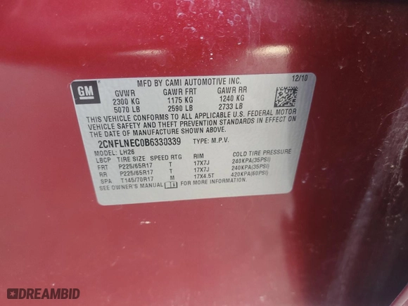 2011 Chevrolet Equinox LT w/2LT with VIN 2CNFLNEC0B6330339, listed as a Copart auction lot 70803764 with 0 mi miles and Salvage Title. Bid and sale history available at carsss.com. Image 16.