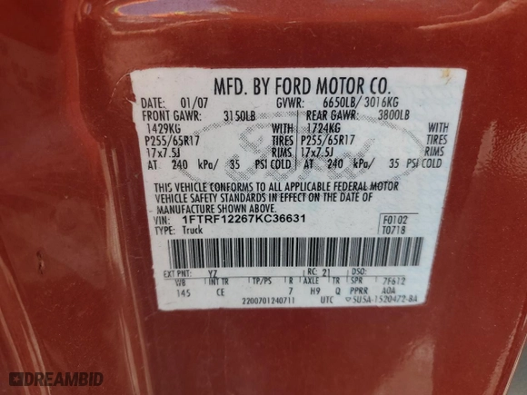 2007 Ford F-150 XL with VIN 1FTRF12267KC36631, listed as a Copart auction lot 47516805 with 279,337 mi miles and Salvage Title. Bid and sale history available at carsss.com. Image 12.