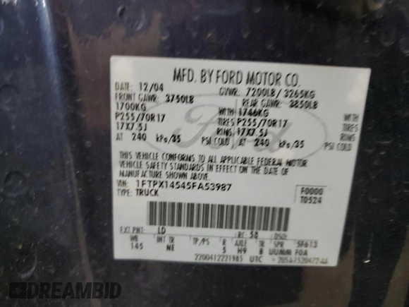 2005 Ford F-150 XLT with VIN 1FTPX14545FA53987, listed as a Copart auction lot 81919784 with 209,970 mi miles and Clean title. Bid and sale history available at DreamBid. Image 12.