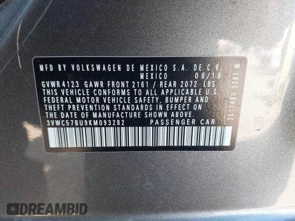 2019 Volkswagen Jetta S with VIN 3VWC57BU9KM093282, listed as a IAAI auction lot 42604217 with 91,847 mi miles and . Bid and sale history available at DreamBid. Image 9.