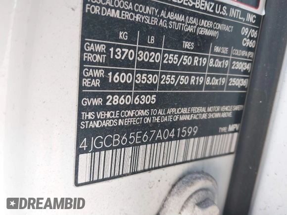 2007 Mercedes-Benz R 3.5L with VIN 4JGCB65E67A041599, listed as a IAAI auction lot 41776036 with 181,426 mi miles and . Bid and sale history available at DreamBid. Image 9.