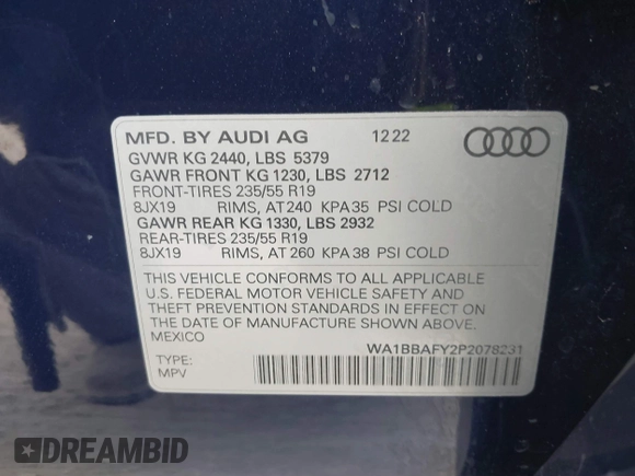 2023 Audi Q5 Premium Plus z VIN WA1BBAFY2P2078231, wystawiony jako IAAI lot #41601204 z przebiegiem 35 007 mil mil oraz . Historia ofert i sprzedaży dostępna na DreamBid. Obrazek 9.