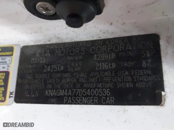 2013 Kia Optima LX with VIN KNAGM4A77D5400536, listed as a IAAI auction lot 41460372 with 84,560 mi miles. Bid and sale history available at carsss.com. Image 9.