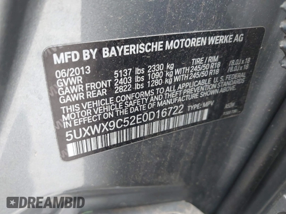 2014 BMW X3 xDrive28i with VIN 5UXWX9C52E0D16722, listed as a IAAI auction lot 42167774 with 179,444 mi miles and . Bid and sale history available at DreamBid. Image 9.