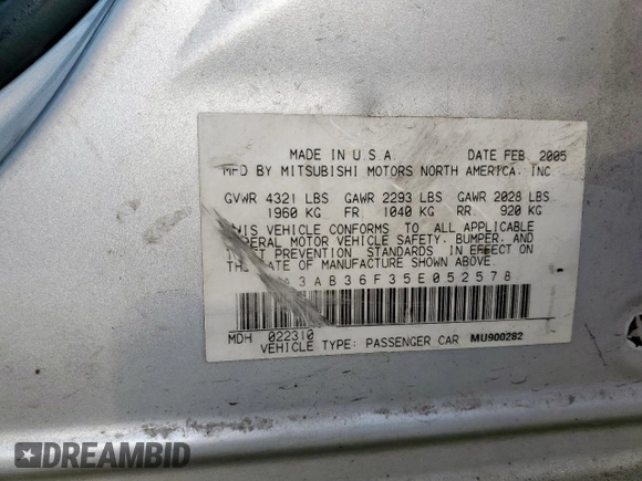 2005 Mitsubishi Galant ES z VIN 4A3AB36F35E052578, wystawiony jako Copart lot #54779195 z przebiegiem 333 528 mil mil oraz Szkoda całkowita • Salvage title. Historia ofert i sprzedaży dostępna na DreamBid. Obrazek 12.