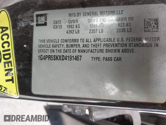 2013 Buick Verano Convenience Group with VIN 1G4PR5SKXD4191467, listed as a IAAI auction lot 41839570 with 163,922 mi miles and . Bid and sale history available at DreamBid. Image 9.