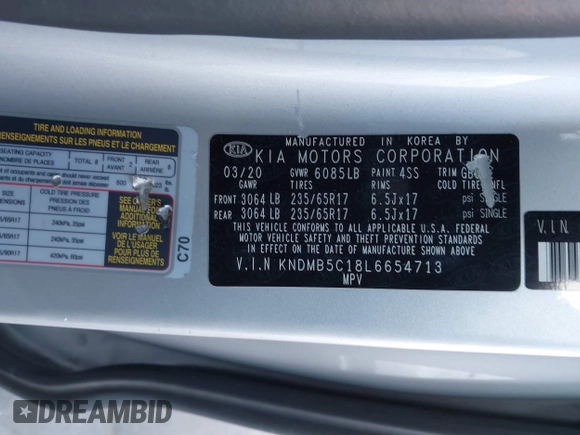 2020 Kia Sedona EX with VIN KNDMB5C18L6654713, listed as a IAAI auction lot 41342893 with 108,437 mi miles. Bid and sale history available at carsss.com. Image 9.