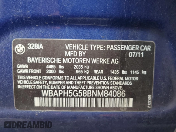 2011 BMW 3 Series 328i с VIN WBAPH5G58BNM84086, выставлен на аукционе Copart как лот 55366015 с пробегом 118 911 миль миль и Списание • Salvage title. История ставок и продаж доступна на DreamBid. Изображение 12.